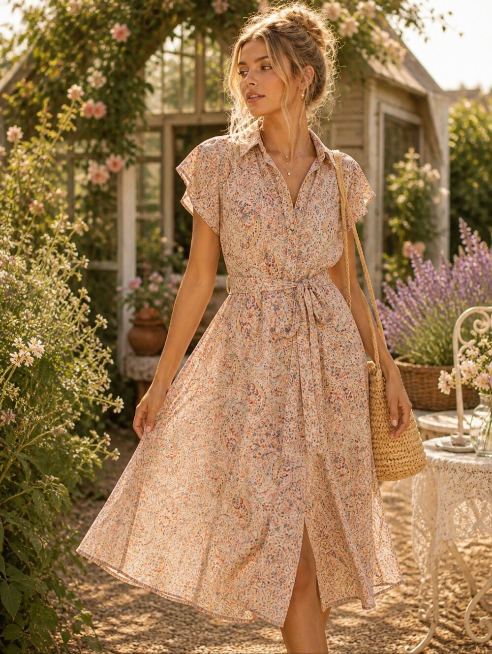 LUCKY BRAND Midi Dress Womens XL Cream Blue Paisley Boho Prairie Earthy Garden
